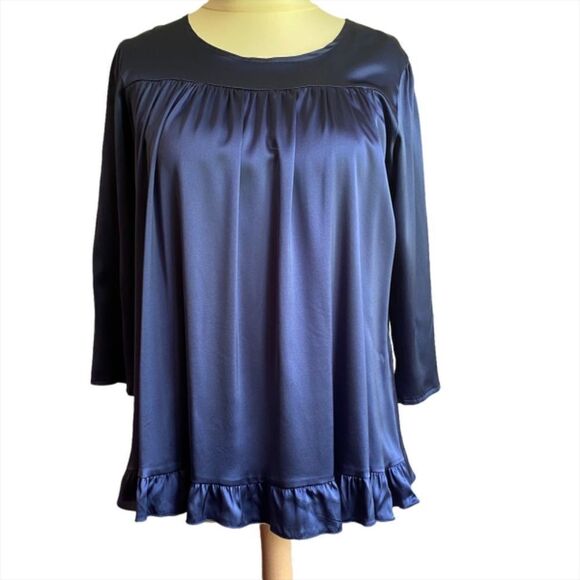 0165 Alisha Levine Royal Blue Satin Blouse with Ruffles Size L New - Picture 2 of 10